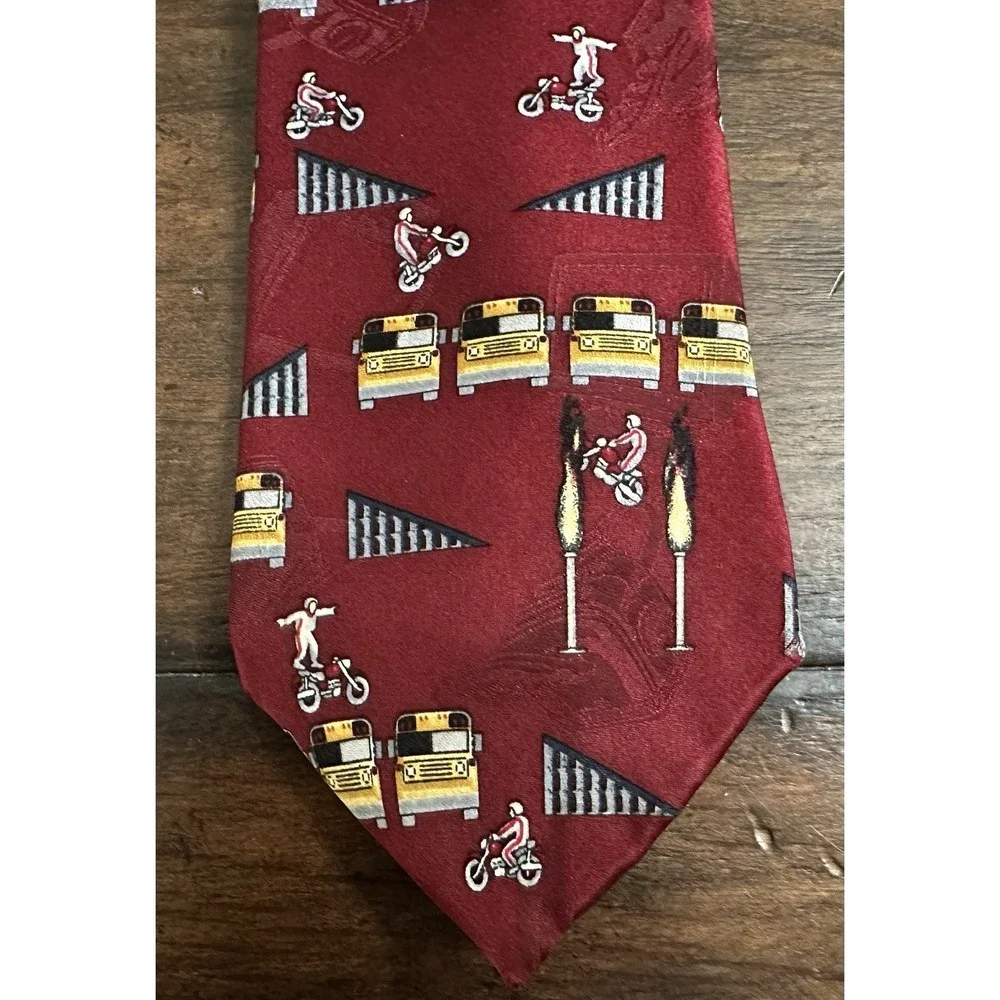 After Dark Daredevil Stunt Novelty Tie‎ Motorcycle School Bus Flames Red Silk